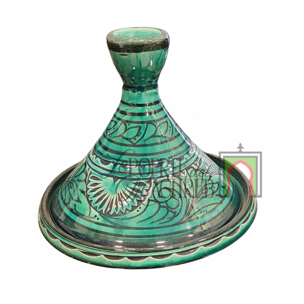Tajine artigianale marocchino di Safi - dipinto a mano in terracotta verde con motivi floreali