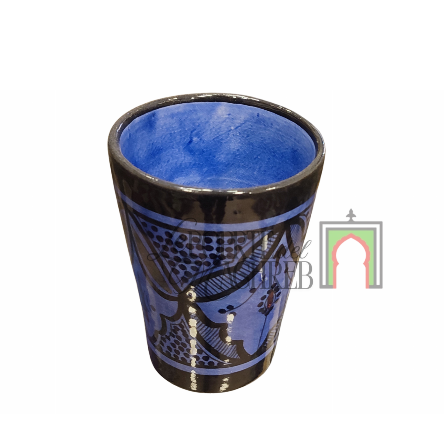 Tazza artigianale marocchina di Safi - dipinta a mano in terracotta blu con motivi tradizionali