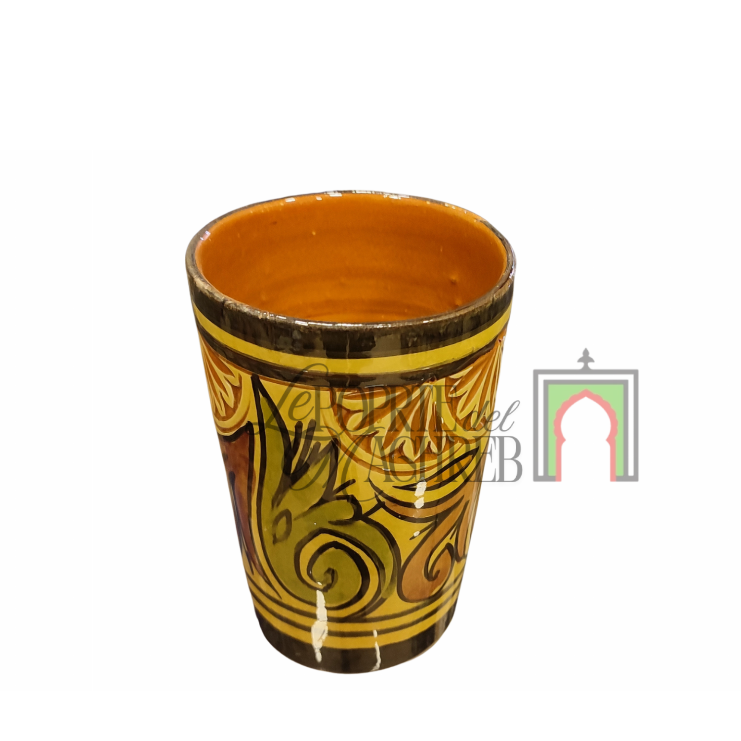 Tazza artigianale marocchina di Safi - dipinta a mano in terracotta gialla con motivi floreali