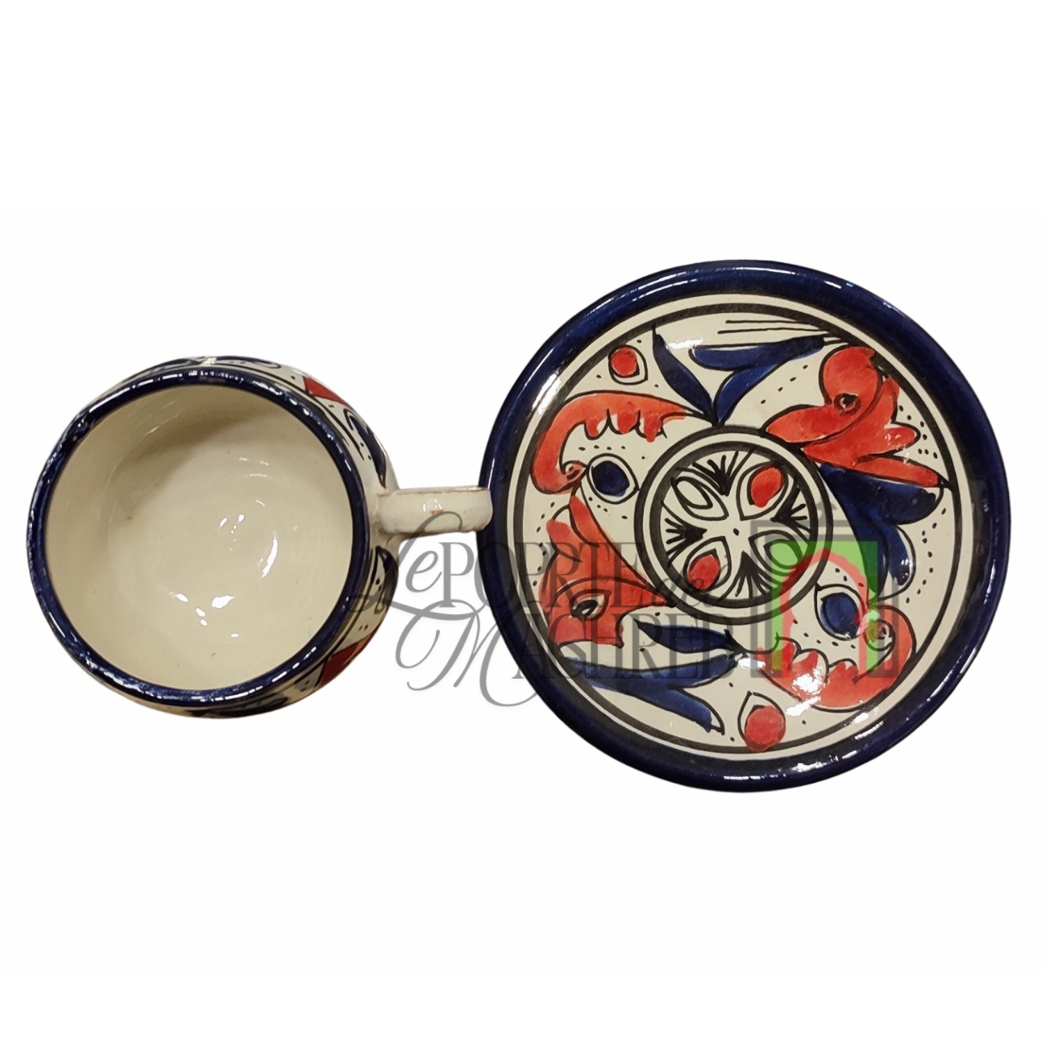 Tazza con piattino artigianale marocchina di Safi - dipinta a mano in terracotta blu e rosso