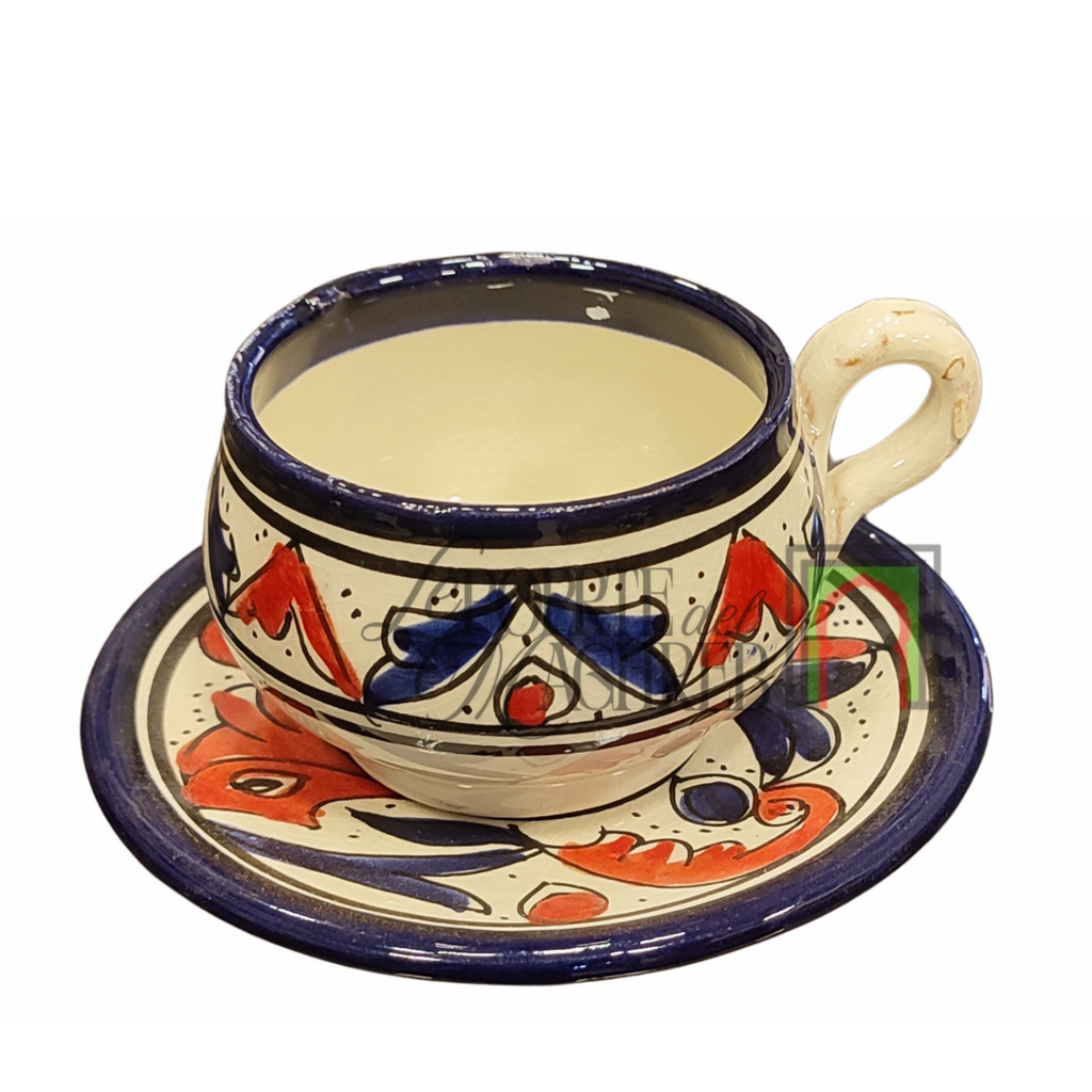 Tazza con piattino artigianale marocchina di Safi - dipinta a mano in terracotta blu e rosso