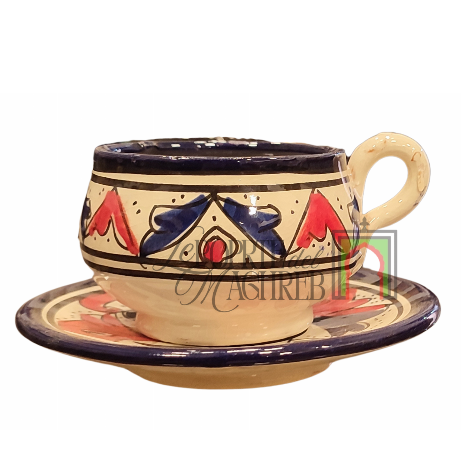 Tazza con piattino artigianale marocchina di Safi - dipinta a mano in terracotta blu e rosso