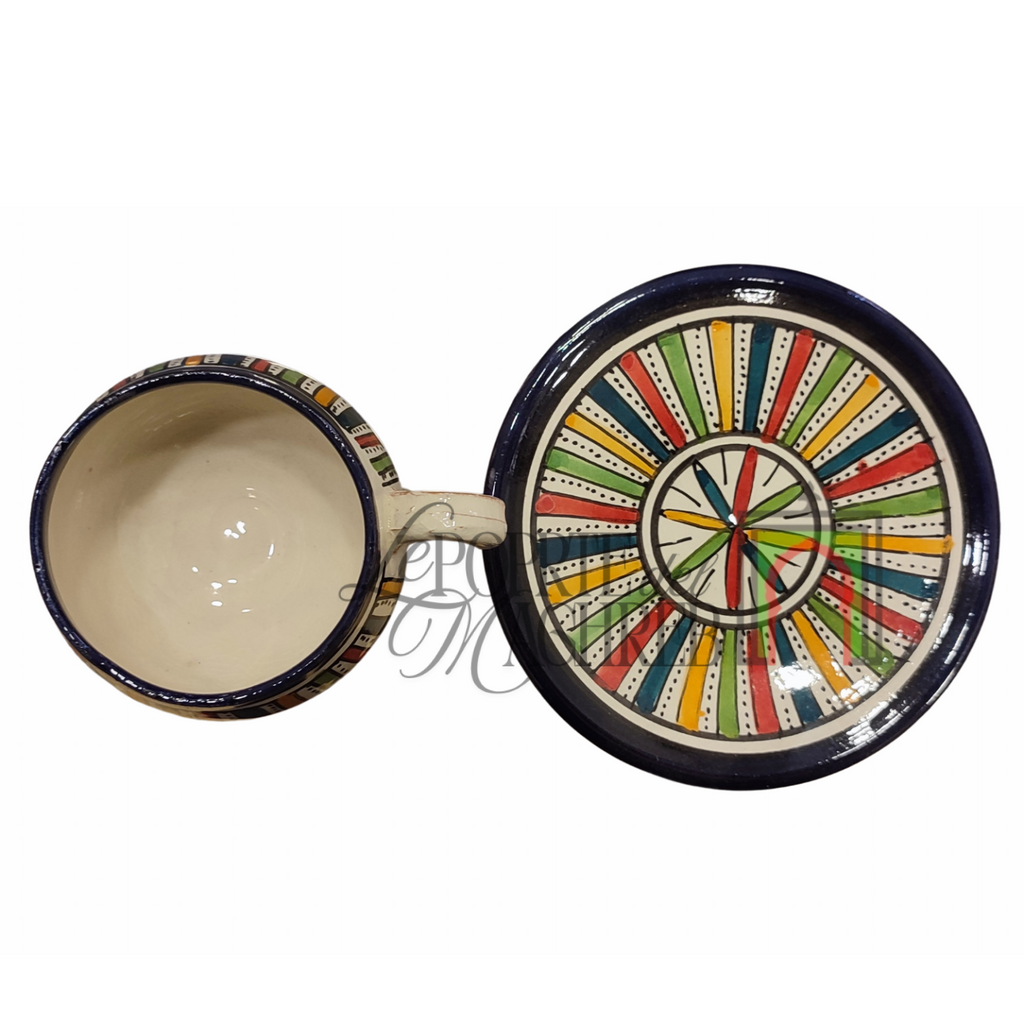 Tazza con piattino artigianale marocchina di Safi - dipinta a mano in terracotta multicolore