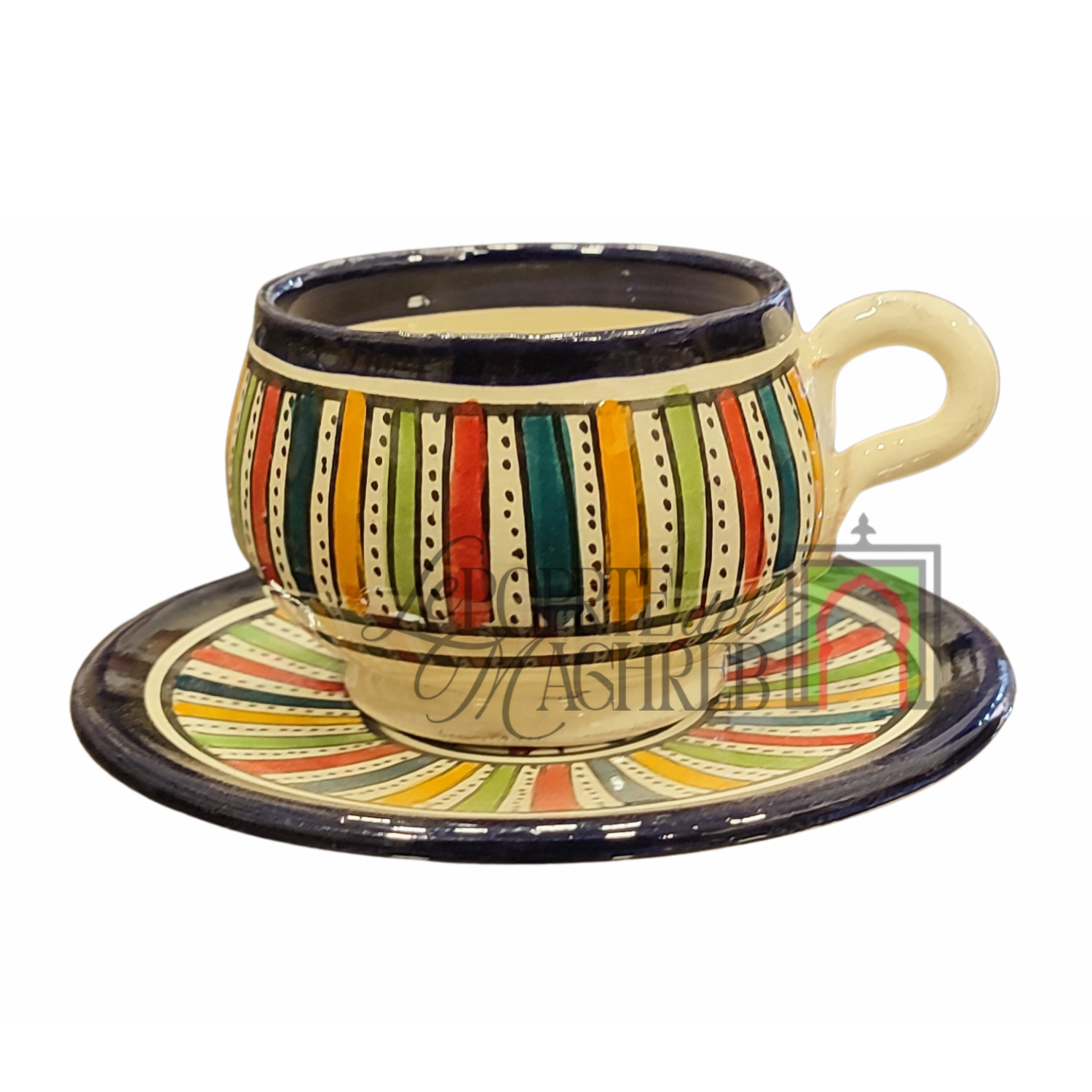 Tazza con piattino artigianale marocchina di Safi - dipinta a mano in terracotta multicolore