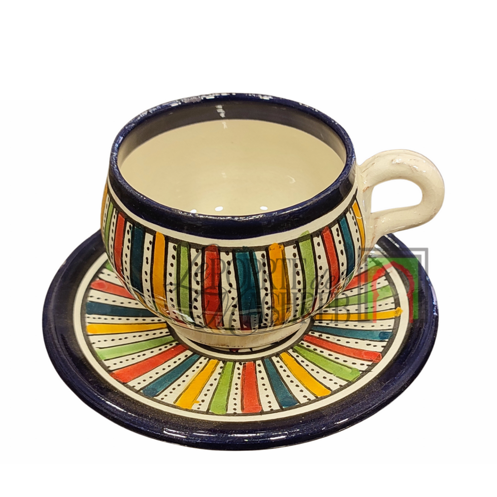 Tazza con piattino artigianale marocchina di Safi - dipinta a mano in terracotta multicolore