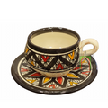 Tazza con piattino artigianale marocchina di Safi - dipinta a mano in terracotta nero, rosso e giallo