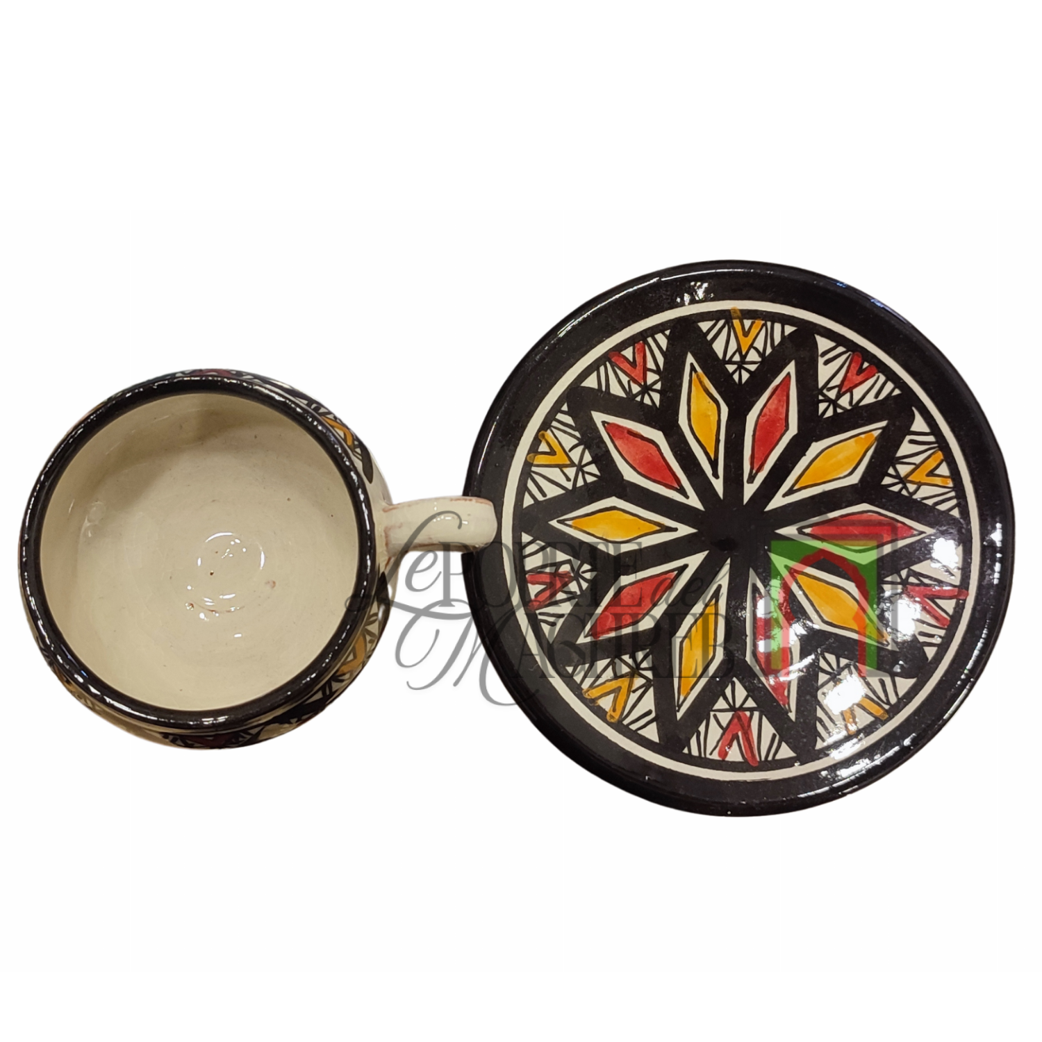 Tazza con piattino artigianale marocchina di Safi - dipinta a mano in terracotta nero, rosso e giallo