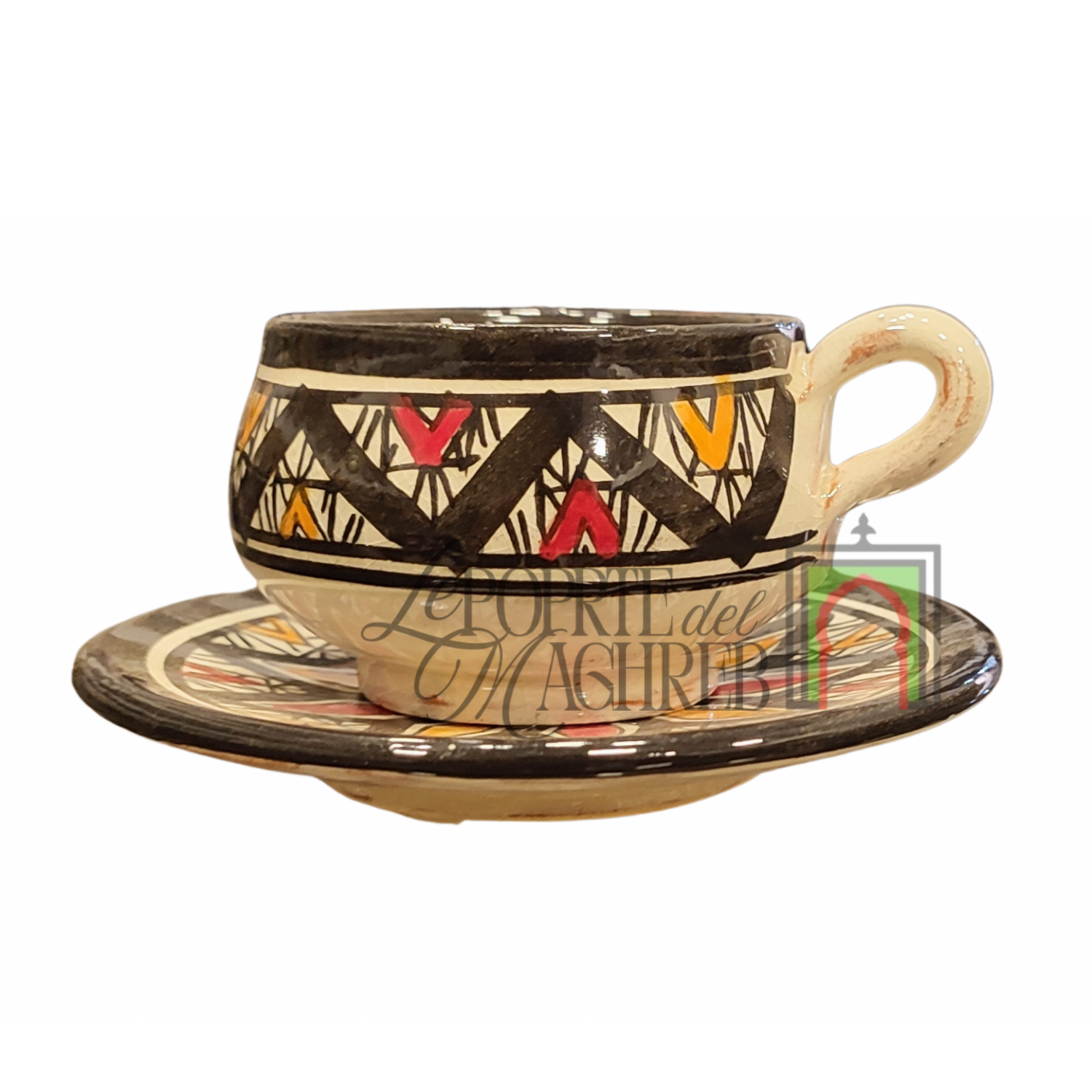 Tazza con piattino artigianale marocchina di Safi - dipinta a mano in terracotta nero, rosso e giallo